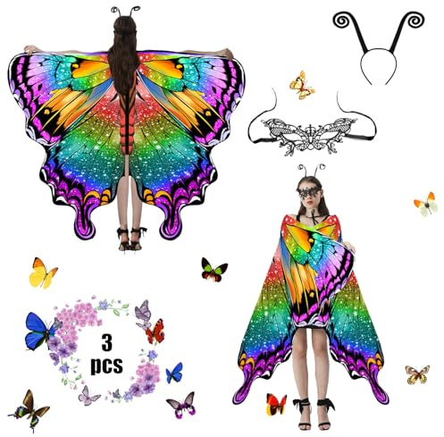 Jeackcelle Butterfly Costume Women's HalloweenCape, Fairy Wings Fancy Dress Butterfly Wings Ladies Carnival Costumes for Halloween Carnival Party Cosplay Dancing (Colorful)