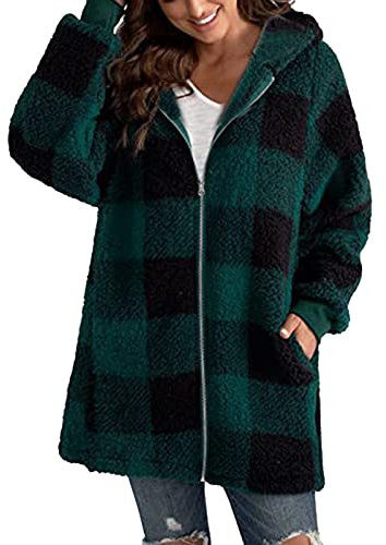 Hsternexy Karierte Jacke Damen Warmer Kariertes Flanellhemd Knöpfen Taschen Mantel Holzfällerjacke Plaid Plüsch Fleece Gefüttert Jacke Winter Bluse Mit Kapuze