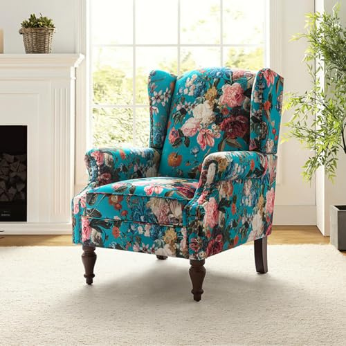 HULALA HOME Floral Fabric Armchair Pattern Wingback Design Roll Arm with Cutaway Sofa Rubber Wood Spindle Legs for Living Room, Peacock