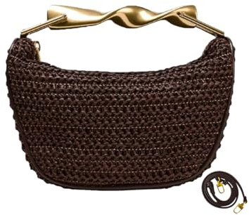 JYG Handmade Straw Crossbody Bags for Women Mini Summer Satchel Purse Fashion Woven Shoulder Handbags with 2 Straps Coffee