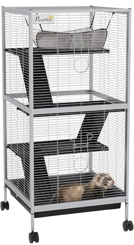 PawHut Gabbia per Piccoli Roditori in Acciaio, Gabbietta per Porcellini d'India e Cincillà con 3 Piani, 4 Ruote, Amaca e Vassoio Rimovibile, 52 x 52 x 113.5cm, Grigio Chiaro