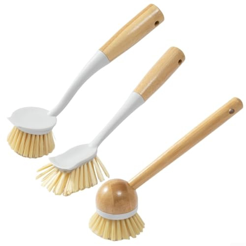 Yuanpgky 3 cepillos de madera de mango largo con raspador integrado, para ollas, sartenes y cuencos, juego de herramientas de limpieza de cocina para el hogar, almacenamiento colgante (blanco)