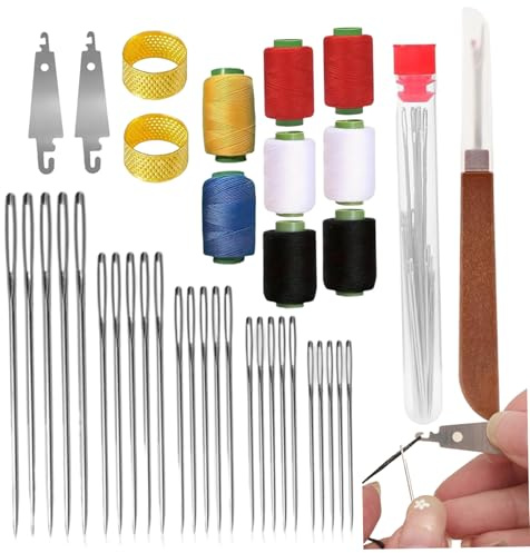 Big Eye Kit de agujas de coser de acero, 39 piezas de agujas de coser a mano de acero inoxidable con enhebrador de aguja, dedal y carretes de hilo para adultos