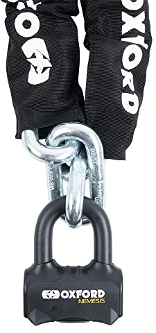 Oxford LK474 Nemesis - Candado de cadena de eslabones redondos de 16 mm y grillete para motocicleta, color negro, 2 m