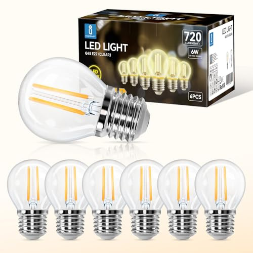 Aigostar Bombilla Led Filamento E27,Luz Calida 2700K,720 Lúmenes,6W Equivalente a 55 W,G45 Golf Bombillas,Retro Decorativa,No Regulable, Pack De 6 Uds