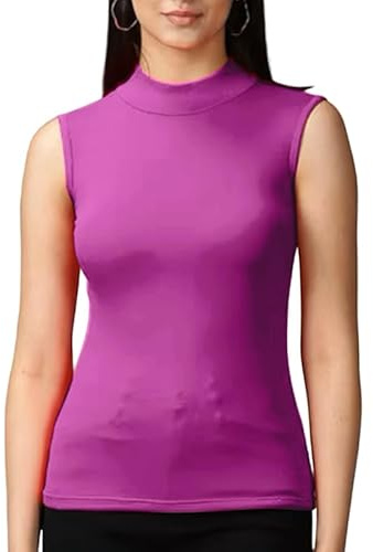 Prime fashions - New Ladies Turtle Neck Sleeveless Stretch Plain Polo Top Women’s Jumper – Casual Wear – Roll Neck – Summer Wear (M-L, Hot Pink)