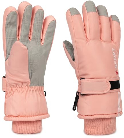 INOGIH Guanti da sci impermeabili per bambini, caldi guanti da neve per 6-12 anni, guanti invernali spessi e caldi da snowboard per ragazzi, Rosa, Fit for 10-16 Years Old