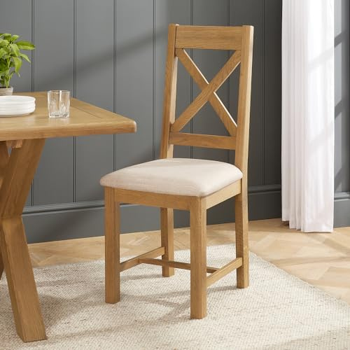 The Furniture Market Cotswold Rustic Smoked Oak Cross Back Dining Chair – Solid Oak Frame with Padded Oatmeal Fabric Seat, Traditional Farmhouse Style - H 1050 x W 450 x D 530mm - Seat H 500mm