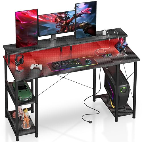 Idybland 140 x 50cm RGB Gaming Desk,55 Ergonomic Computer Desk with Dual Monitor Stand,Office Desk with Storage Shelves&Power Outlets,PC Desk for Gaming Room,Bedroom,Office,Black（Carbon Fiber）
