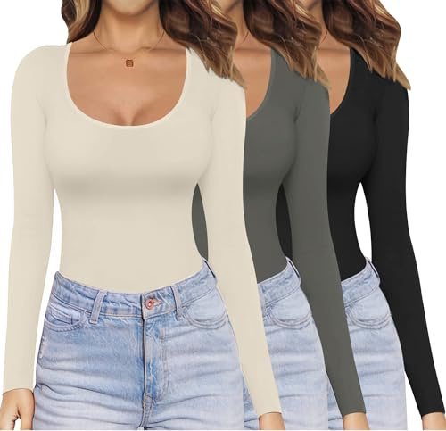 Ekouaer Womens Long Sleeve Tops 1&3 Pack Basic Scoop Neck Thermal T Shirt, 3pcs Black + Darkgray + Beige, S