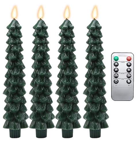 Koniska julgransljus, flamlösa, gröna LED-ljusstakar med fjärrtimer, 9,7 tum julgransflamlösa, v flamma julgransljus
