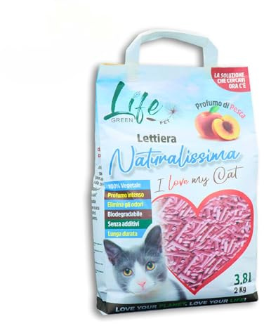 LifeGreen Arena Natural para Gatos, 2 kg, melocotón, con Fibra de Guisante y almidón de maíz, Vegetal, Biodegradable, aglutinante 3,8 l, Elimina olores