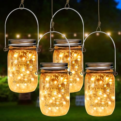 Solarlampen Für Außen Glas,4 Stück 30 LEDs Solar Einmachglas,Wasserdicht IP55,Solarlaterne Für Außen,Glas Solarleuchten,Solar Laterne Für Außen Für Garten,Terrasse,Party,Balkon Deko ​Aussen