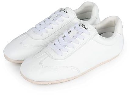 Ballet Sneakers for Woman Leather Trendy Metallic Lace Up Wide Toe Ballerina Flats Low Top Fancy Cute Ballet Shoes Casual Daily Walking 2025 Spring Summer Sporty Footwear（Beige，Numeric_5）