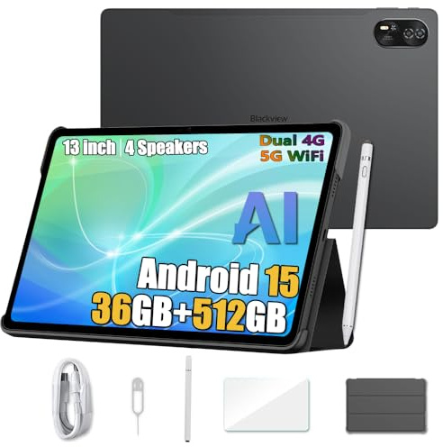 Blackview Mega 8 Tableta 13 Pulgadas Android 15, 36GB+512GB/TF 2TB Tableta Táctil, Altavoces Quad-Box, 2K FHD+, 4G LTE WiFi 5G, 50MP+13MP, 11000mAh, Modo PC, OTG, Funda + Lápiz Inteligente, Negro