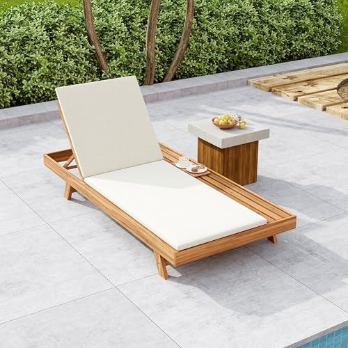 Merax Chaise Lounge Chair Set with Adjustable Backrest & Flat Storage Surface, 2/3 Foldable Acacia Wood Patio Recliner with 1.57 Thick Double-fold Cushion