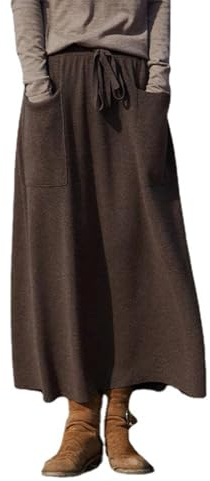 Women's Maxi Wool Skirt with Pockets Elastic High Waist Drawstrings Autumn Winter Pleated Midi Skirt (Coffee L)