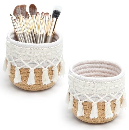 Paniers Boho en Coton 10x10 cm Organisateur de Maquillage et Rangement Pinceaux Panier Tressé Décoratif pour Coiffeuse Salle de Bain Bureau Porte-Stylo et Accessoires de Maquillage avec 15 pinceaux
