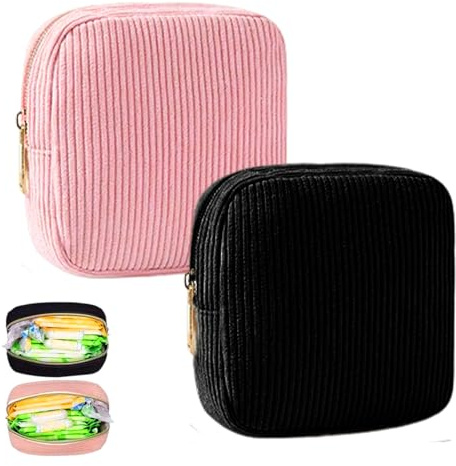2 stycken bindningar förvaringsväska, toalettpåsar för dambindor, Corduroy tamponger förvaring, sminkväska liten för bindor och tamponger, resenödvändigheter, bärbar makeupväska för kvinnor flickor
