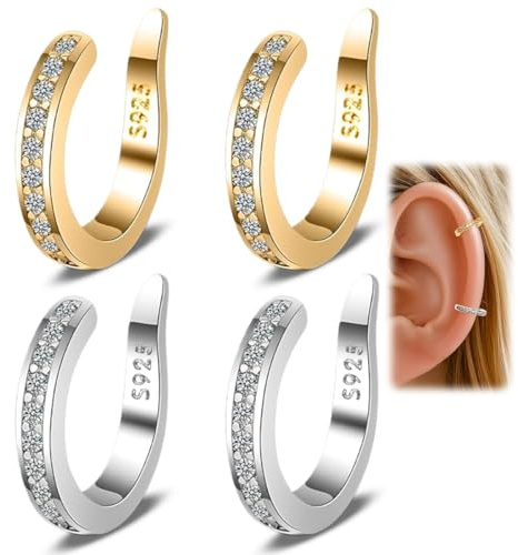 DULZEN 2 Pares Ear Cuff Pendientes Corrector Orejas Soplillo Mujer Pendientes Clip sin Perforación Brillantes Correctores de Orejas Aretes Falsos Ligeros sin Perforación, Oro y Plata