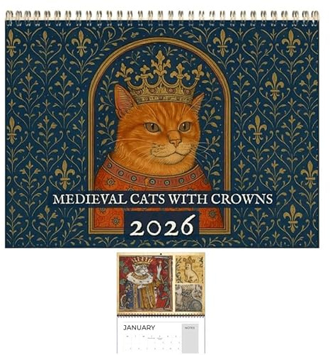 Medeltida katter med kronkalender 2026, stor medeltida kronad katt väggkalender 2026, rolig kattkalender 12 månaders planerare, jul kaxig present till älskade katter, kvinnor man