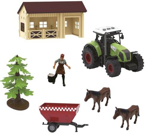 TACHAN - Farm Set med 7 delar - Friktionstraktor med ljus och ljud - Inkluderar kor och figur (CPA Toy Group 702T01050)