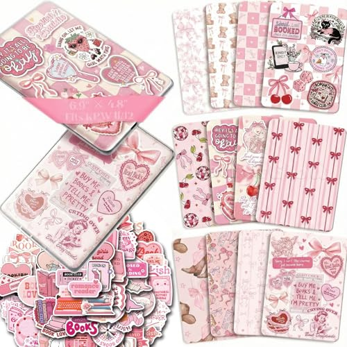 VelvetGlow 12 PCS Inserto in Cartone per Custodia Protettiva E-Reader Trasparente con 50 Adesivi per Scrapbook, 6,9 x 4,8 Motivo Fiocchi Rosa Accessori Retro per Paper White 11a-12a Generazione