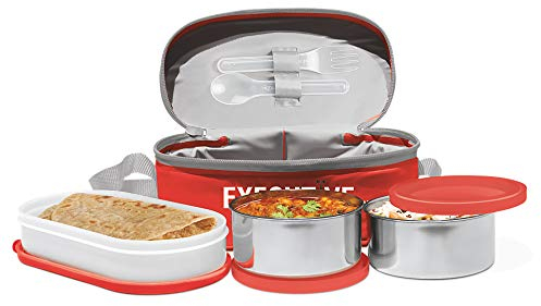 MILTON Executive Lunch Isotherme Tiffin, 2 récipients, 280 ml chacun, 1 récipient, 500 ml, rouge Facile à transporter Anti-fuite Acier inoxydable et plastique Tiffin isolé Nourriture chaude.