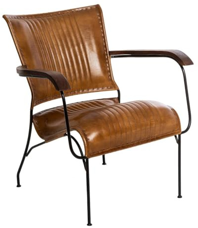 Atmosphera - Poltrona Hoper Cognac - L 71 x P 65 x H 73 cm - Pelle, braccioli in legno di mango, stile industriale - Per soggiorno, ufficio