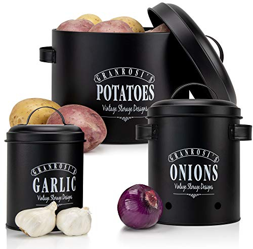 Granrosi boite de rangement cuisine set de 3,bocaux rangement cusine des pommes de terre,oignons,l'ail,boîtes de conservation,pots au design vintage-noir