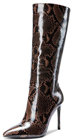 Castamere Femme Souples Bottes Haut Genoux Fermeture Eclair 10CM Aiguille Talon Haute Marron Serpent Vernis Chaussures EU 39