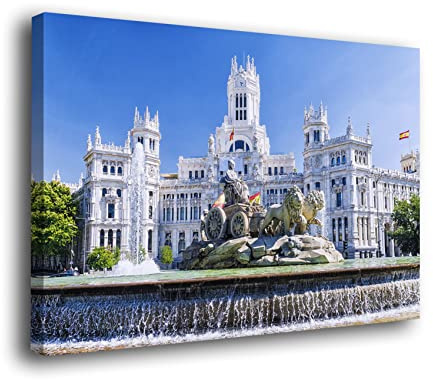 Genérico Cuadro Lienzo Canvas Fuente Cibeles en Madrid con Edificio Correos en Color y Blanco y Negro - Lienzo de Tela Bastidor Madera de 3 cm - Alta resolucion (Color, 120)