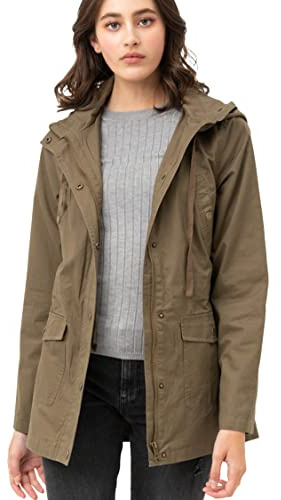 Lock and Love LL WJC1845 Women's Zip Up Safari Military Anorak Jacket with Hood Drawstring S OLIVE