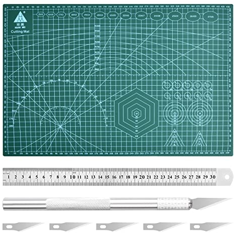 Xzeemo Base de Corte A3 Doble Cara, Alfombrilla de Corte Autorregenerable, Cutting Mat Set, con Escalpelo de Manualidades, 6 Cuchillas y Regla de Acero, para Costura y Patchwork (A3, 45x 30cm, Verde)