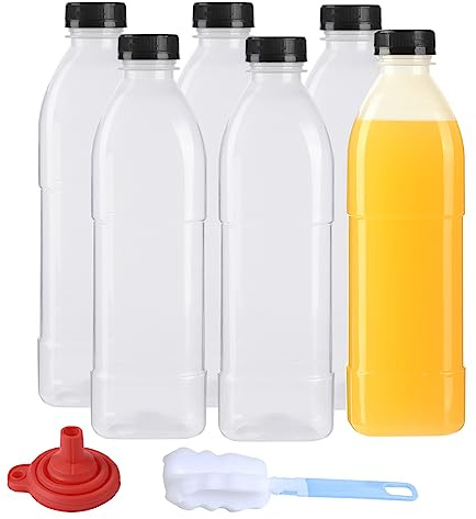 zmybcpack 6 Pack 32 oz PP Heat-Resistant Plastic Juice Bottles With Caps-Plastic Smoothie Bottles-Reusable Bulk Beverage Containers with Lids For Juicing, Milk(Dishwasher Safe)
