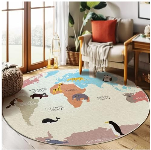 HMGAQNP Weltkarte Spielbereich Runder Teppich,Rutschfester Spielteppich, Waschbarer Bodenmatte für Schlafzimmer, Wohnzimmer, Heimdekoration (Beige, 120cm)