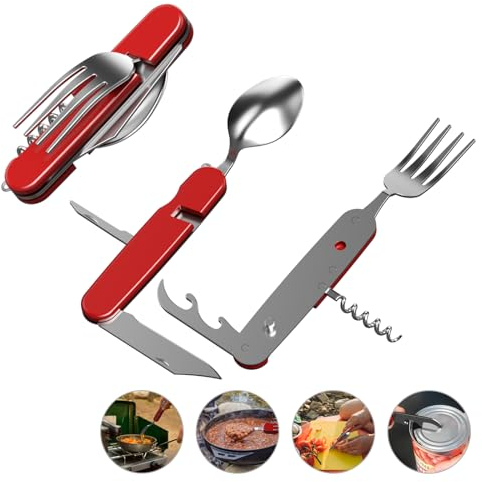 Besteck Edelstahl Klappbesteck 6 in 1 Campingbesteck Klappbar Reisebesteck Survival Camping Besteckset mit Messer Gabel Löffel öffner Feldbesteck Essbesteck Set für Outdoor, Picknick, Reisen(Rot)