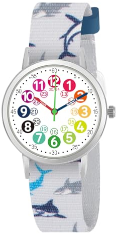 CHAOTECHY Kinderuhr für Mädchen und Jungens. Kleine Kinder Lernen die Zeit kennen und leicht zu lesen. Justierbares Nylon Armband, Analog Uhr für Jungens und Mädchen zwischen 4 bis 11 Jahren (Hai)