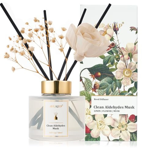 Airkeep Difusor de Aromas 150ml, Clean Aldehydes Musk Reed Diffuser Set, Rose Difusor De Fragancia, Ambientador para Habitaciones, Baños, Oficinas, Armarios