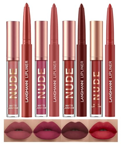 LANGMANNI 4pcs Matte Lipstick with Lipliners Durable Makeup Set,Long-Lasting Non-Stick Cup Not Fade Waterproof Pigmented Velvet Lipgloss Kit Beauty Cosmetics Makeup Gift for Girls(#3+4+6+12)