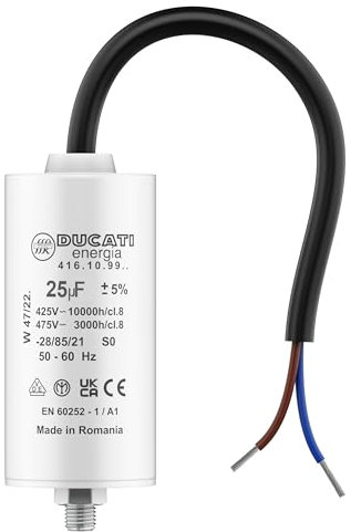 Condensateur 25 uF pour Moteur Monophasé - Utilisation pour Kärcher, Pompe de Piscine, Porte de Garage - 425/450V/475V - Condensateur de Démarrage/Permanent avec Câble