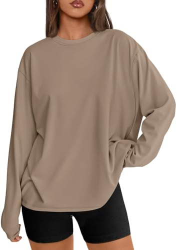 Trendy Queen Womens Spring Tops Oversized Long Sleeve T Shirts 2026 Basic Tee Fall Casual Workout Y2K Clothes Khaki M