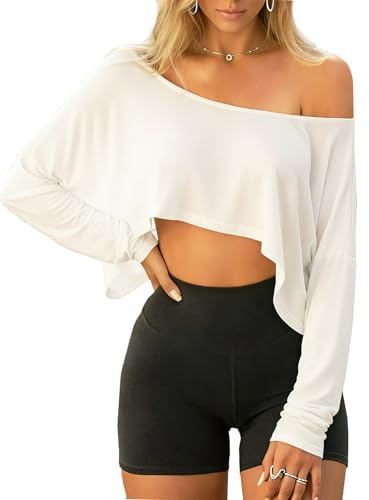 Navneet Women Off The Shoulder Tops Workout One Shoulder Top Sports Oversized T Shirts Long Sleeve Crop Top Going Out Basic White M