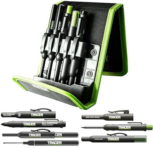 Tracer Kit de 5 marqueurs de construction avec étui de rangement – Crayon de charpentier, 2 marqueurs à pointe longue, marqueur sans obstruction et distributeur de mines de rechange