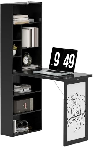 HOMCOM Wall Mounted Computer Desk, Space Saving Folding Study Table with White Board, Bookshelf, Floating Writing Desk with Adjustable Shelf, 9 Open Compartments for Small Space, Black
