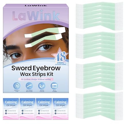 LaWink Sword - Kit di strisce di cera per sopracciglia, 48 strisce, 4 salviettine con olio calmante, pronte all'uso, depilazione per sopracciglia, ceretta per bocca, nastro depilatorio per viso e