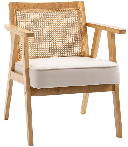 HOMCOM Butaca de Salón con Reposabrazos Sillón con Respaldo de Ratán y Marco de Madera de Caucho Butaca para Dormitorio Salón Carga 120 kg Natural y Beige