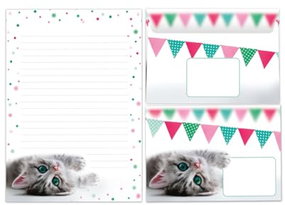 Briefpapier-Set Briefblock mit Umschlag für Mädchen Kinder Katze Tiere Kindermotiv Briefbögenblock liniert (Block A5 mit 25 Blätter + 15 Umschläge)