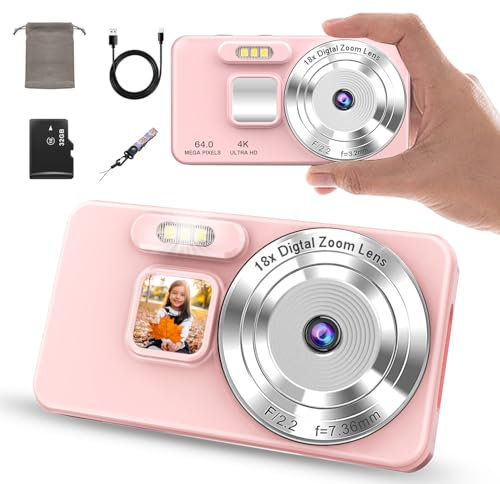 4K Digitalkamera, 64MP Kompakte Autofokus Kamera mit 18-fachem Digitalzoom, 2,8 LCD-Display, Loop-Aufnahme, Selfie-Modus & 32GB Speicherkarte, Ideal für Reisen & Fotografie