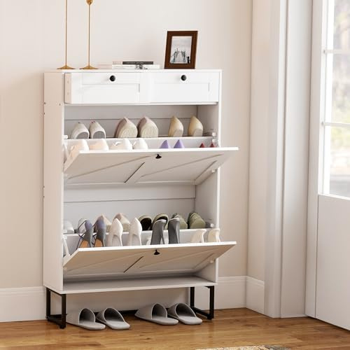 Turosur Shoe Cabinet with 2 Flip Drawers, Shoe Storage Cabinet with 2 drawers, Wooden Narrow Shoe Cabinet For Hallway, Entreway, Living Room 75 * 22 * 111.2cm White